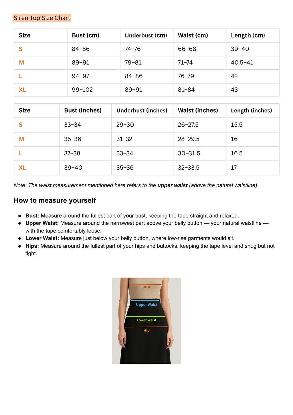 Size Chart for Siren Top