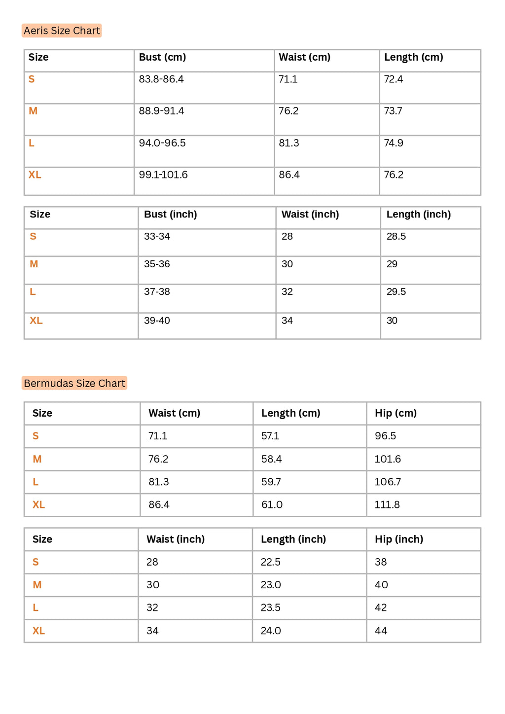 Size Chart for Aeris Top- Bermudas Set