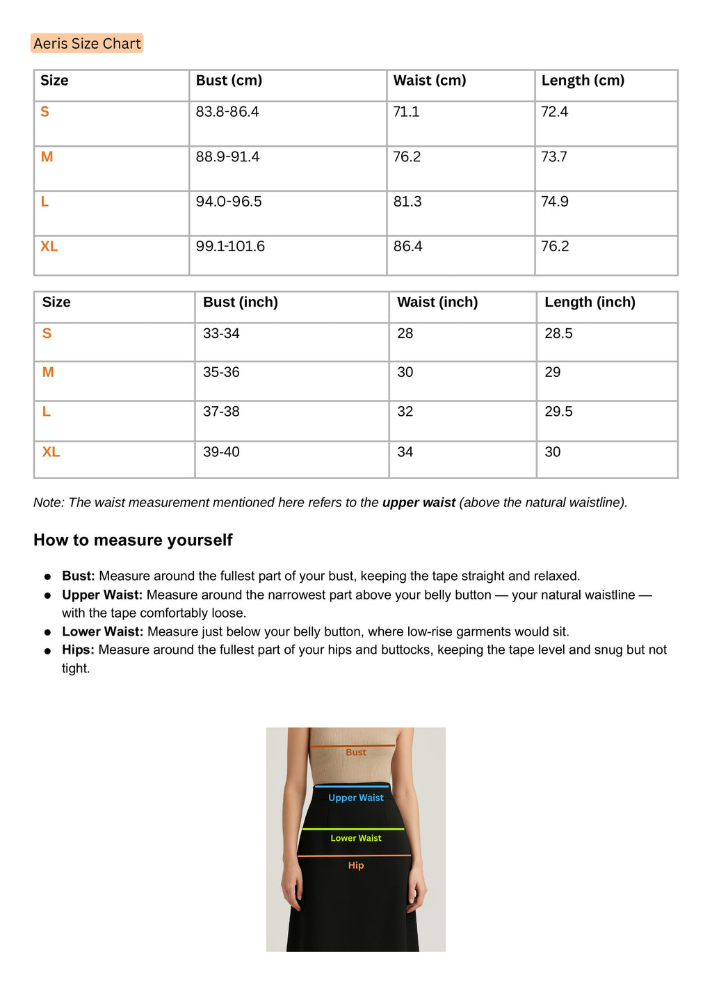 Size Chart for Aeris Top