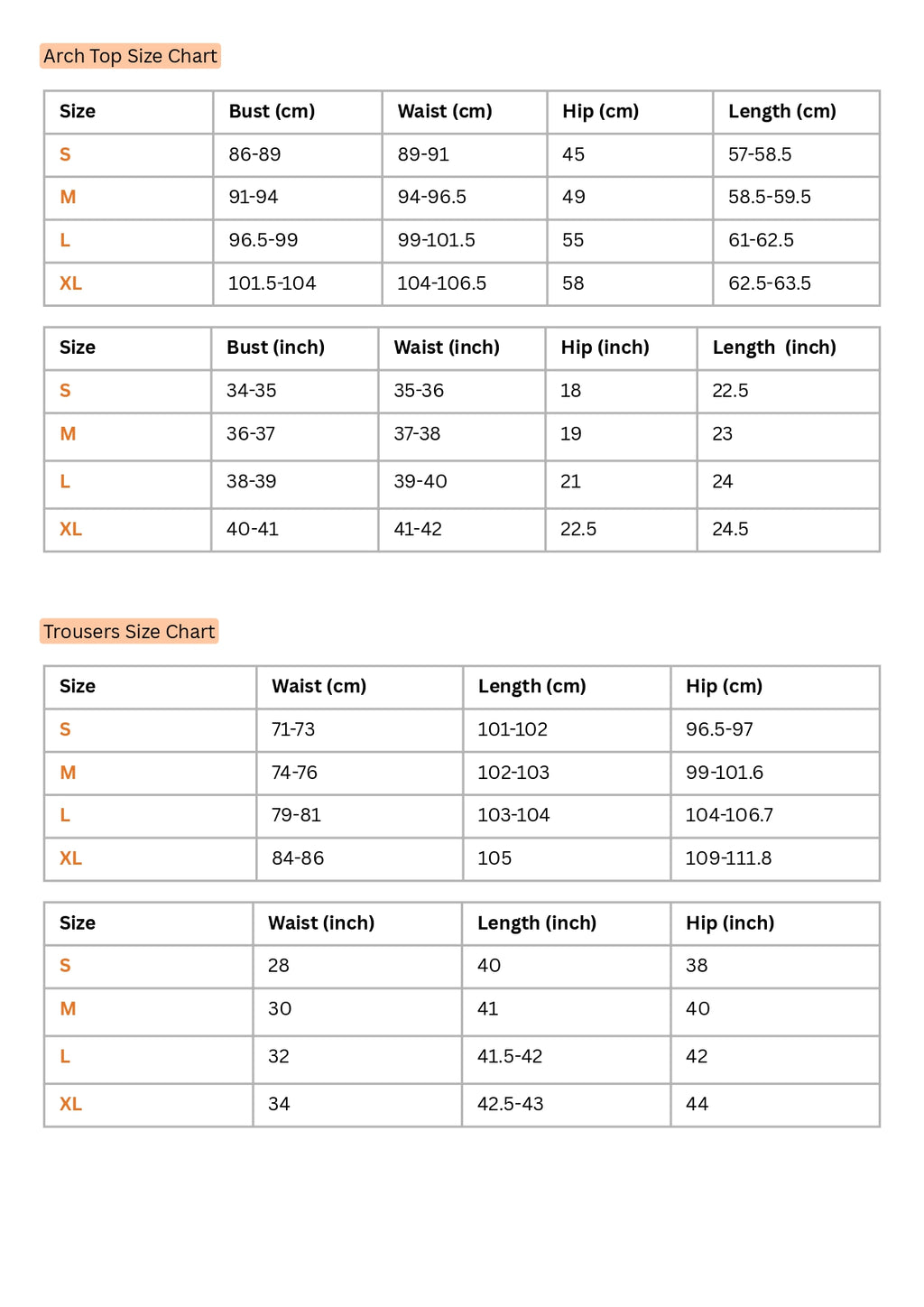 Size Chart for Arch Top- Trouser Set