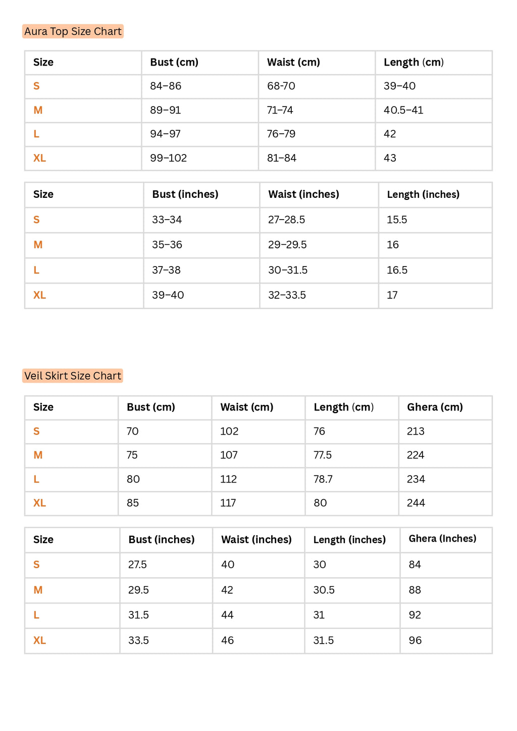 Size Chart for Aura Top- Skirt Set