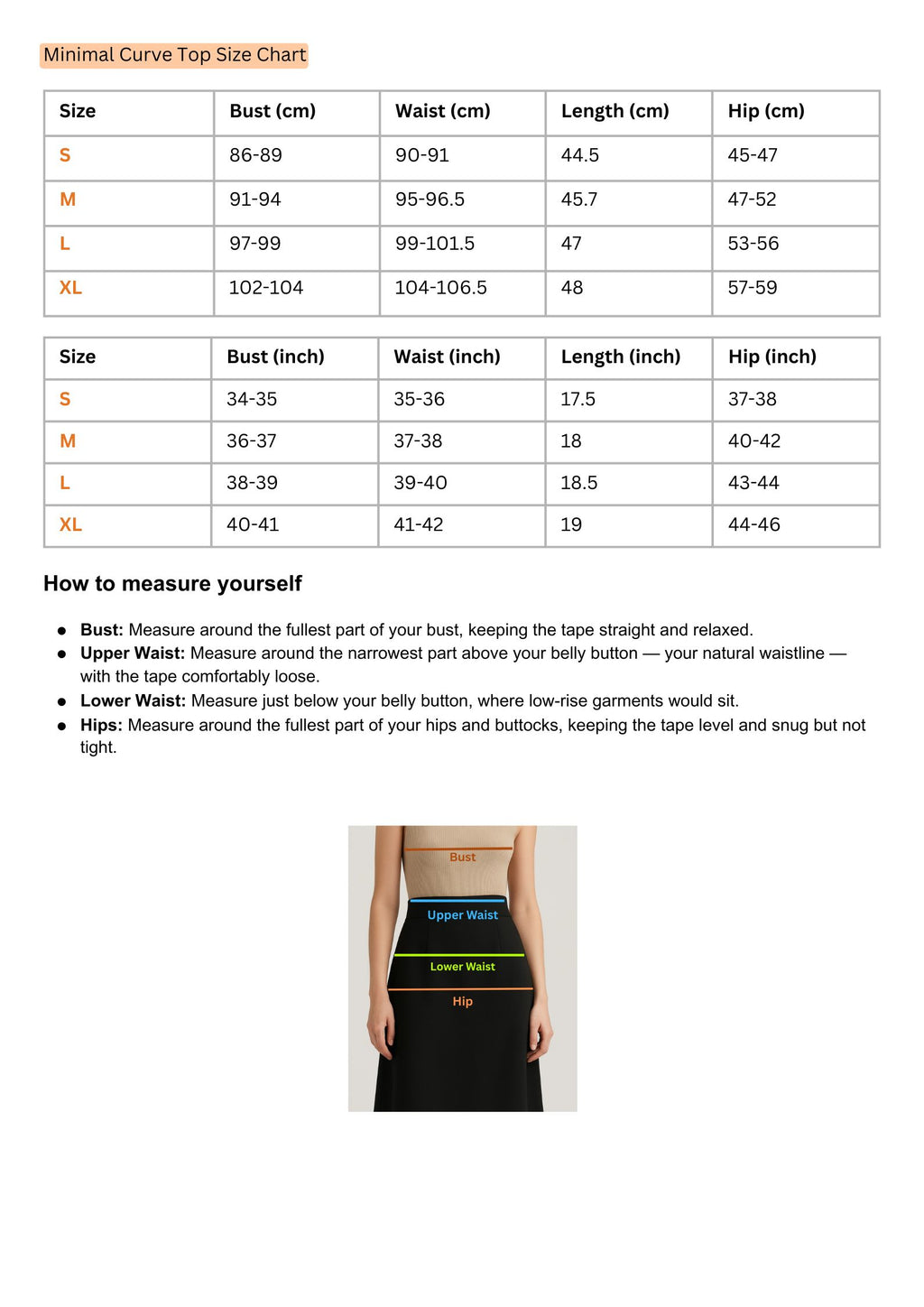 Size Chart for Minimal Curve Top