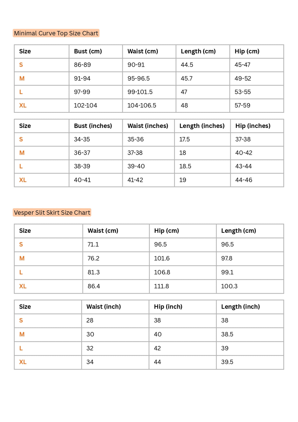 Size Chart for Minimal Curve Top- Skirt Set