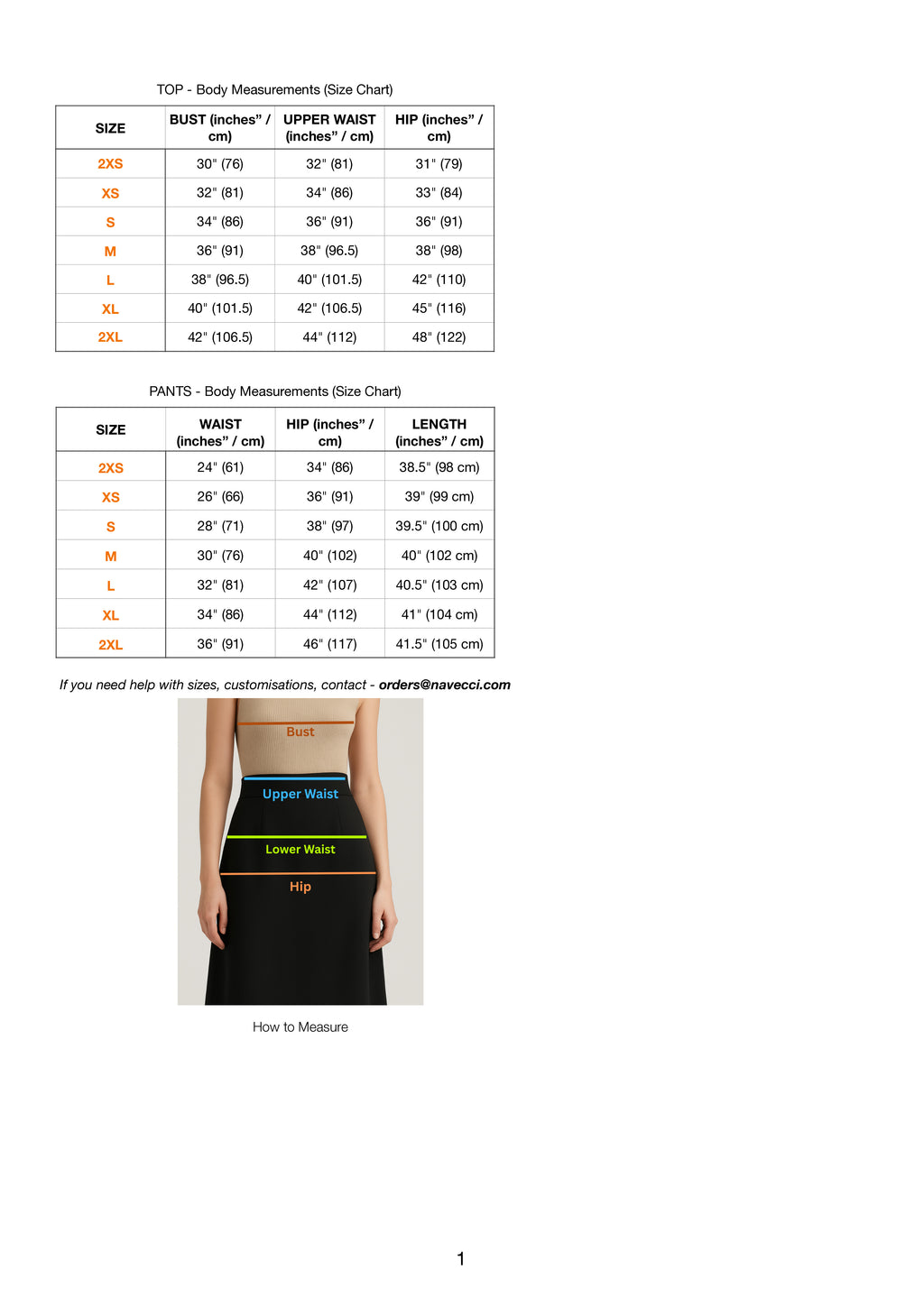 Size Chart for Lace Set