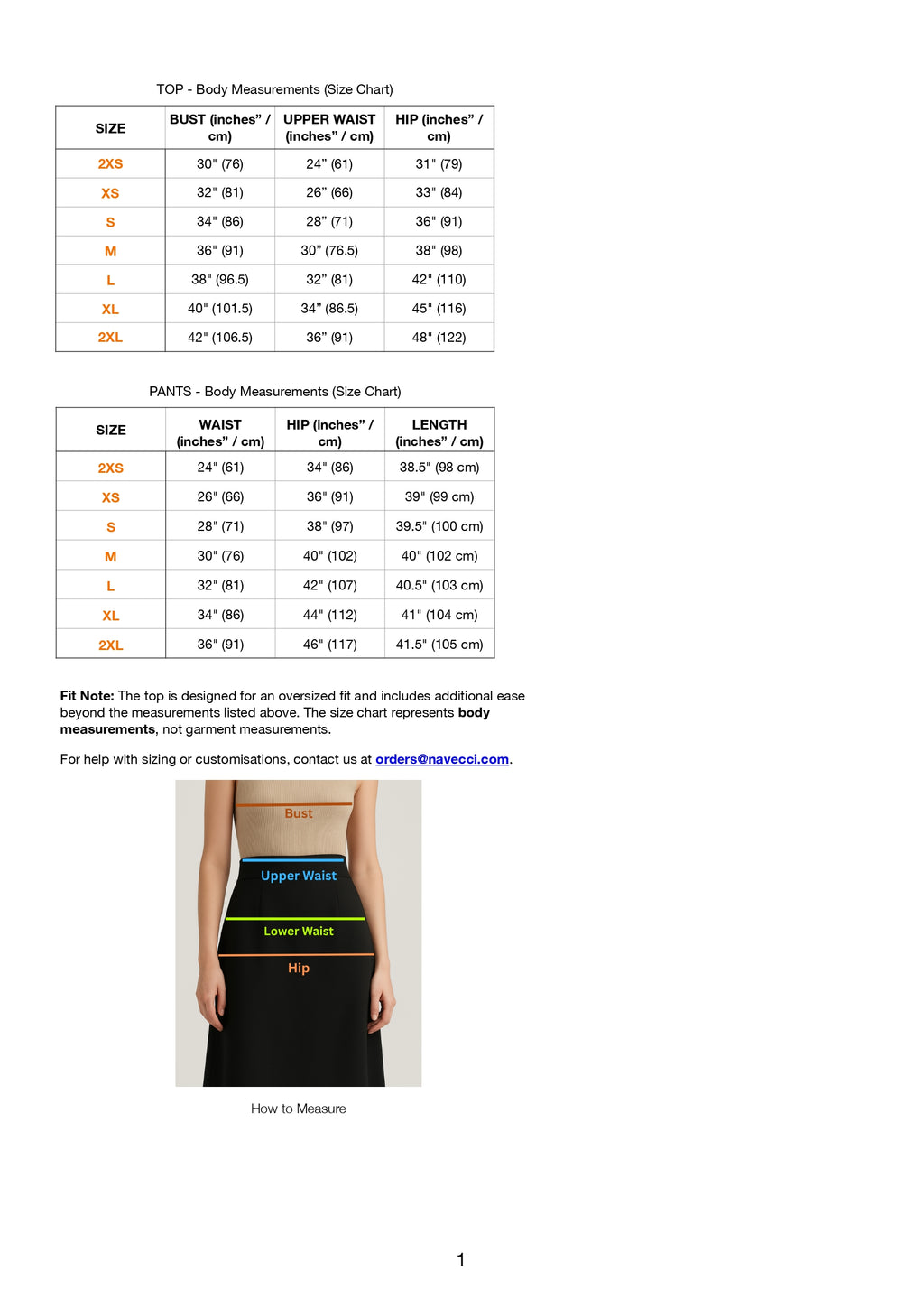 Size Chart for Cobalt Lace Set