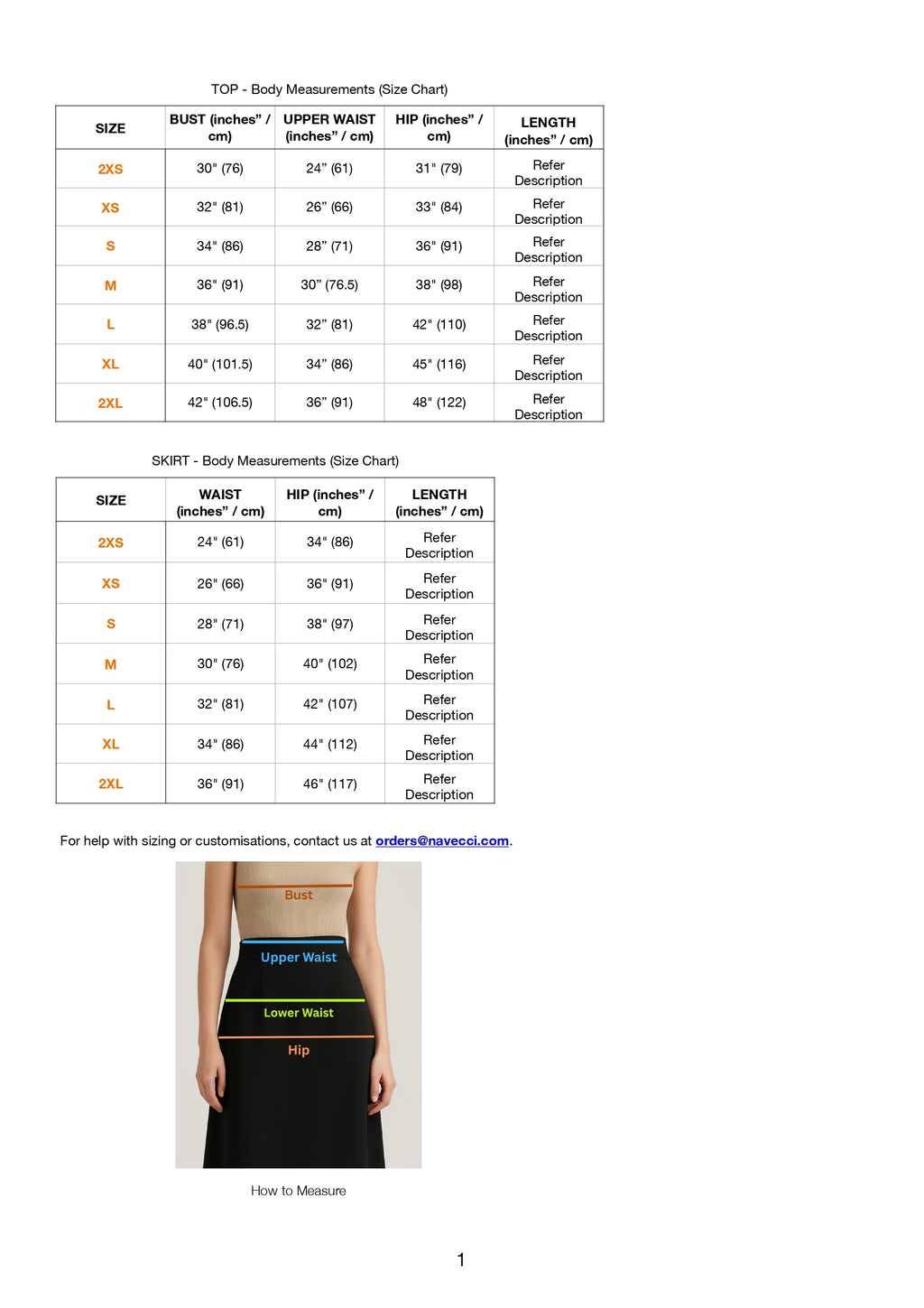 Size Chart for Ivory Whisper Co-ord