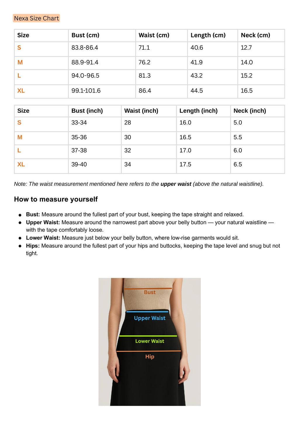 Size Chart for Nexa Top Soft Apricot