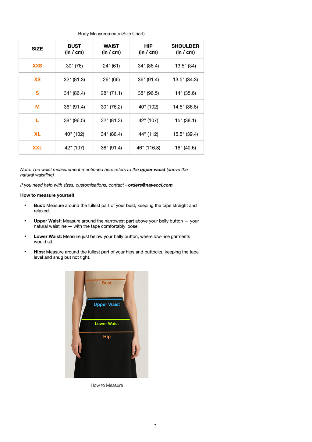 Size Chart for Orange Dress