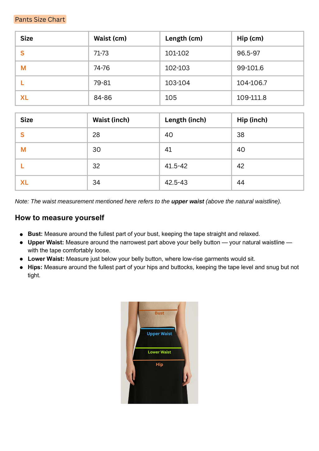 Size Chart for Muse Pants