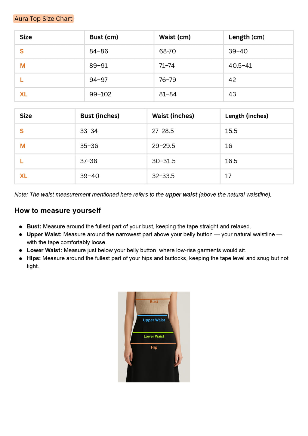 Size Chart for Aura Top