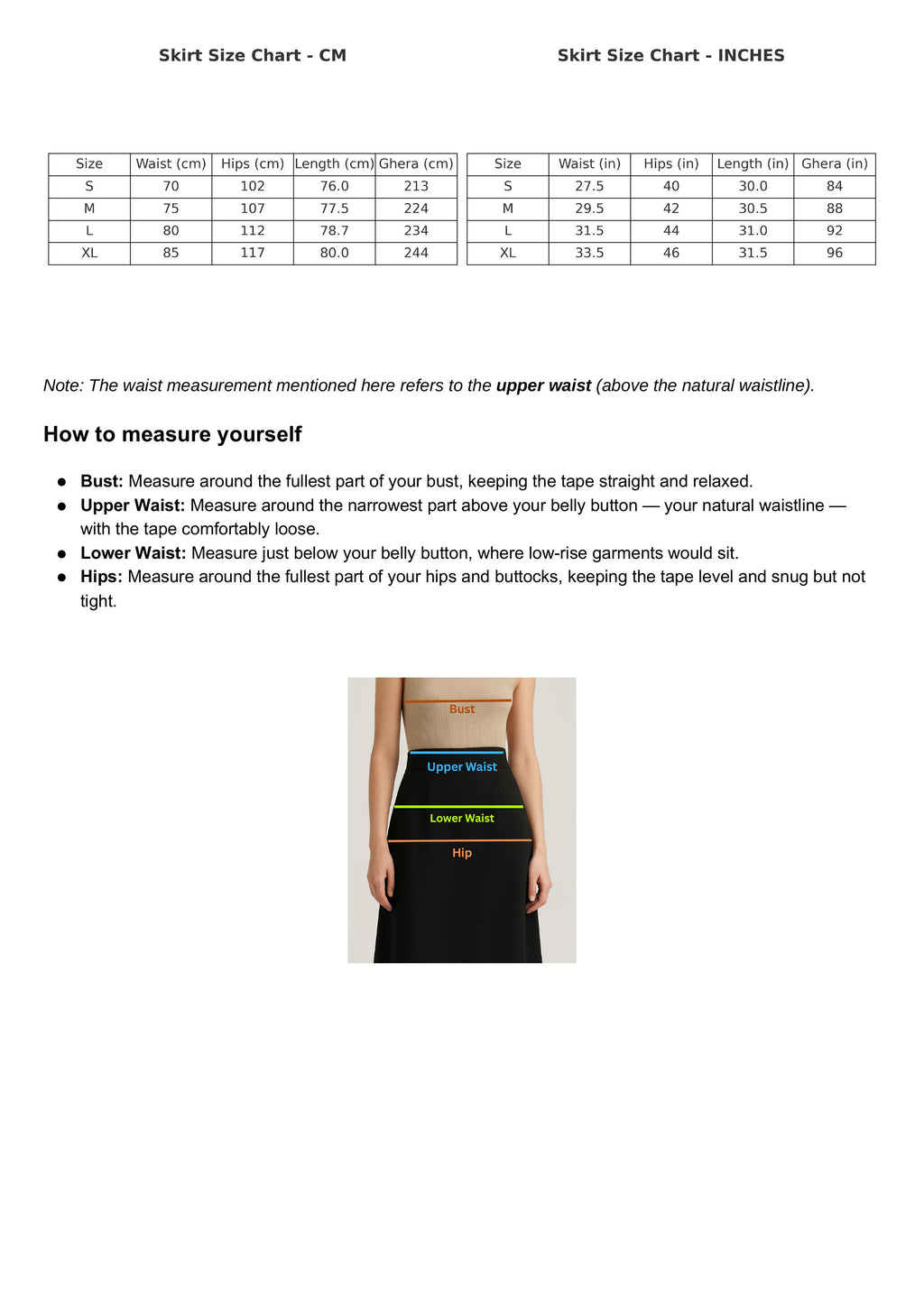 Size Chart for The Veil Skirt