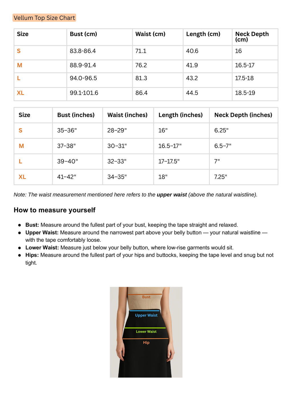 Size Chart for Vellum Fold Top