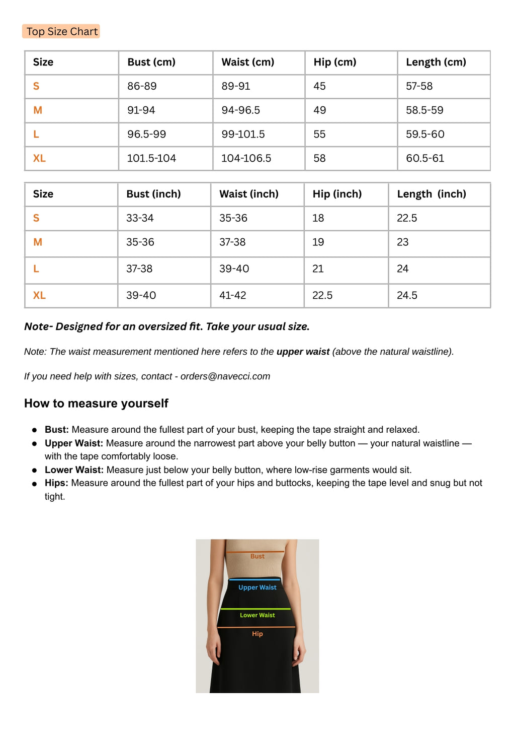 Size Chart for Cobalt Top