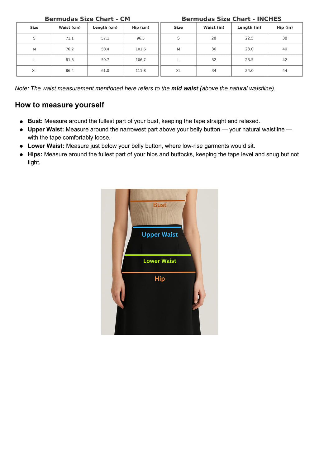 Size Chart for Boardroom Bermudas