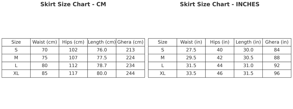 Size Chart for The Veil Skirt