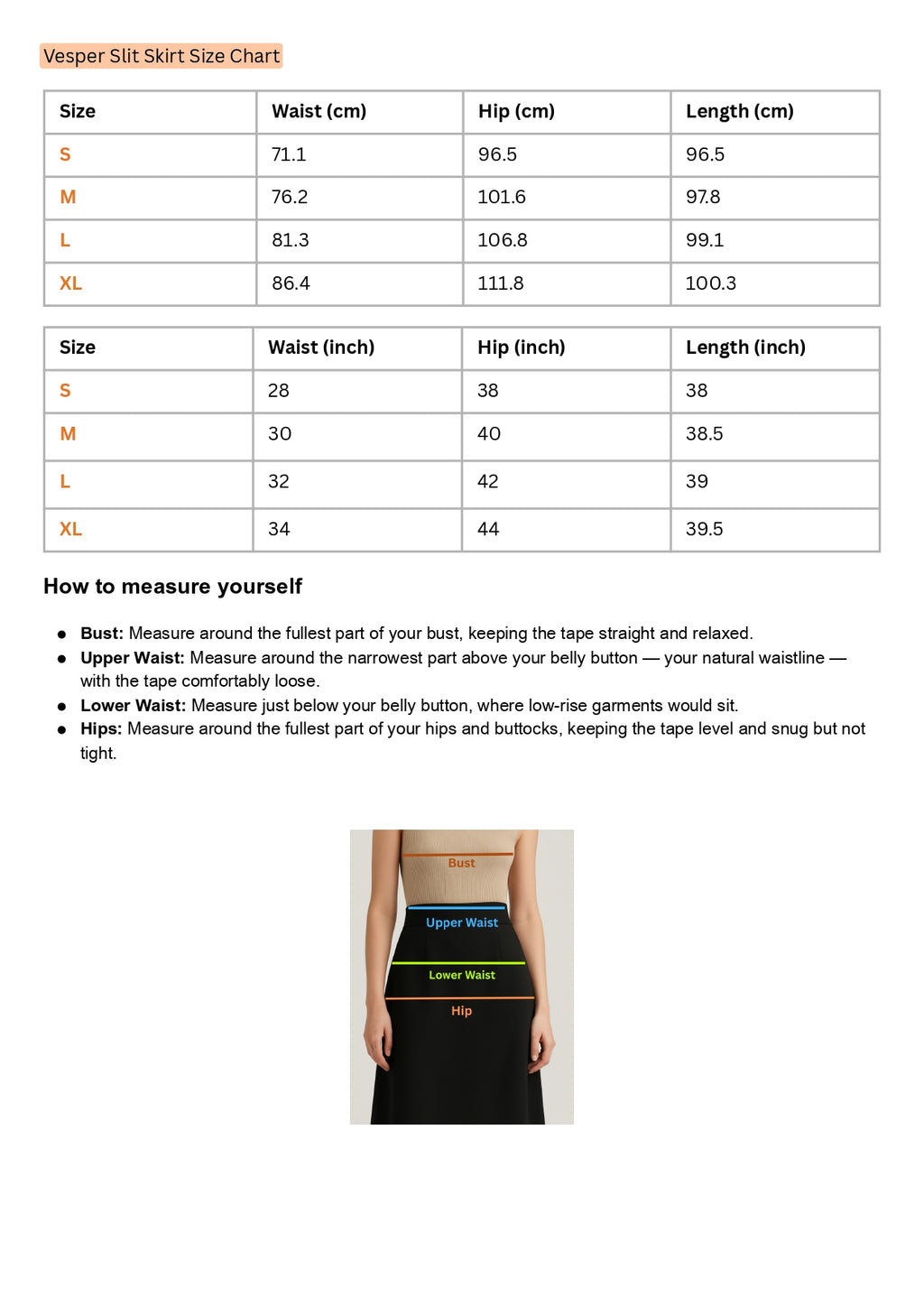 Size Chart for Vesper Slit Skirt